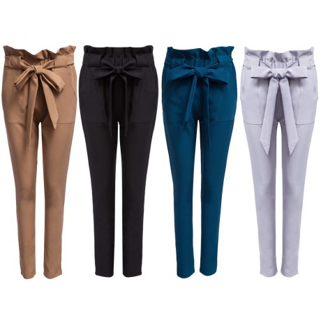 HIGH WAIST BOWTIE DESIGN SLIM PURE COLOR HAREM PANTS WITH BELT