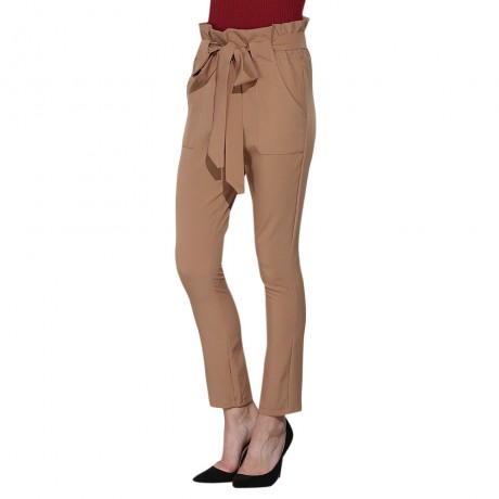 HIGH WAIST BOWTIE DESIGN SLIM PURE COLOR HAREM PANTS WITH BELT