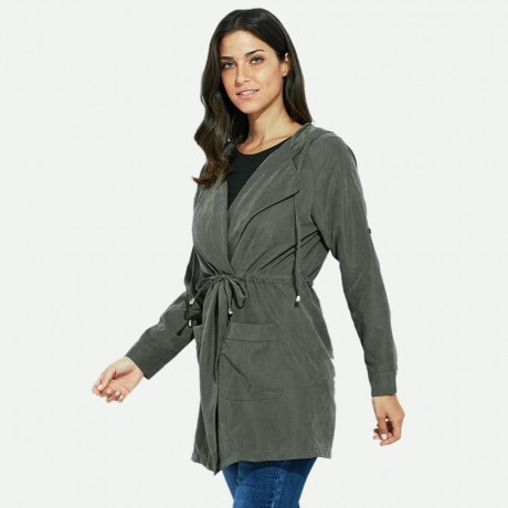 TRENDY HOODED LONG SLEEVE PURE COLOR WOMEN COAT