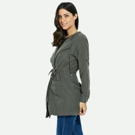 TRENDY HOODED LONG SLEEVE PURE COLOR WOMEN COAT