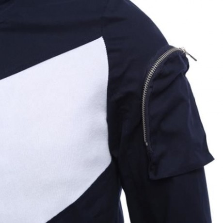 CASUAL PATCHWORK ZIPPER DESIGN STAND COLLAR COAT FOR MALE (DEEP BLUE)