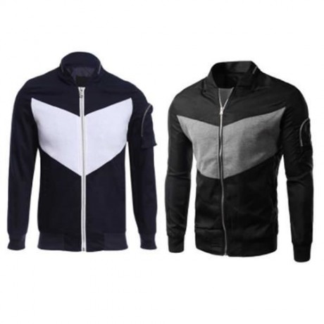 CASUAL PATCHWORK ZIPPER DESIGN STAND COLLAR COAT FOR MALE (DEEP BLUE)