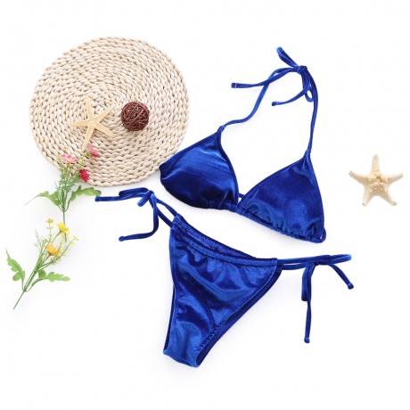 HALTER TIE STRING TRIANGLE VELVET SWIMSUIT WOMEN BIKINI