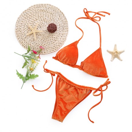 HALTER TIE STRING TRIANGLE VELVET SWIMSUIT WOMEN BIKINI