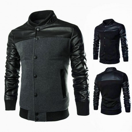 STYLISH PATCHWORK DESIGN SLIM FIT STAND COLLAR JACKET FOR MALE