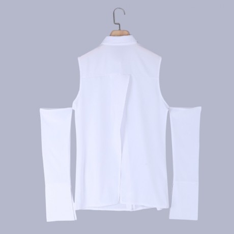 TRENDY LONG SLEEVE COLD SHOULDER SLIT BUTTON WOMEN SHIRT