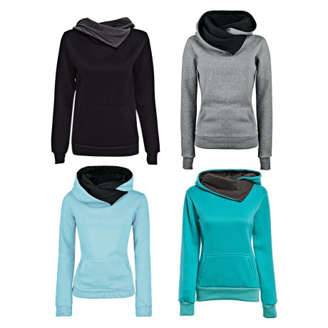 CASUAL STYLE HOODED LONG SLEEVE PURE COLOR POCKET DESIGN HOODIE FOR LADIES
