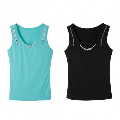 STYLISH SCOOP COLLAR RHINESTONE ZIPPERED WOMEN'S TANK TOP