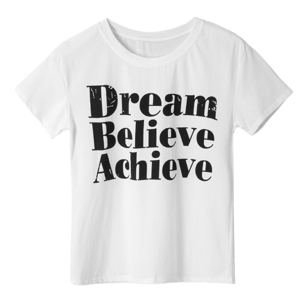 STYLISH ROUND COLLAR ROLL SLEEVE LETTER PRINT WOMEN'S T-SHIRT