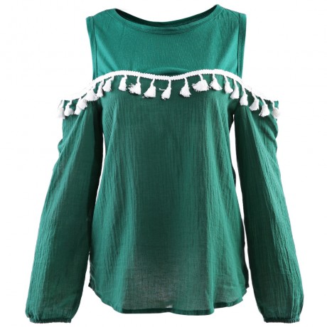 STYLISH ROUND NECK LONG SLEEVE TASSELS SHOULDER DESIGN WOMEN'S CHIFFON SHIRT