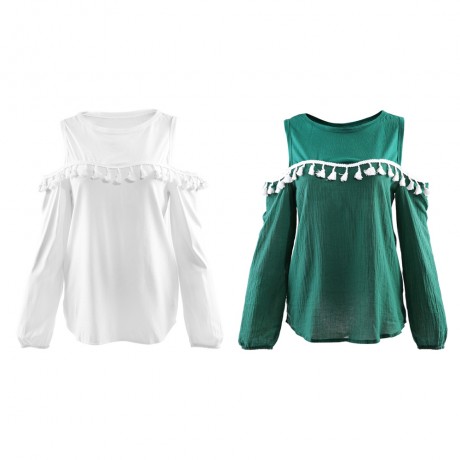 STYLISH ROUND NECK LONG SLEEVE TASSELS SHOULDER DESIGN WOMEN'S CHIFFON SHIRT