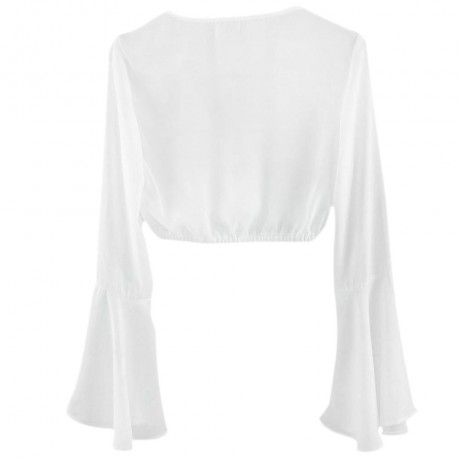 SEXY DEEP V NECK BELL SLEEVES ELASTIC WAIST SLIM WOMEN'S CHIFFON SHIRT