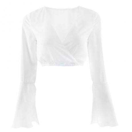 SEXY DEEP V NECK BELL SLEEVES ELASTIC WAIST SLIM WOMEN'S CHIFFON SHIRT
