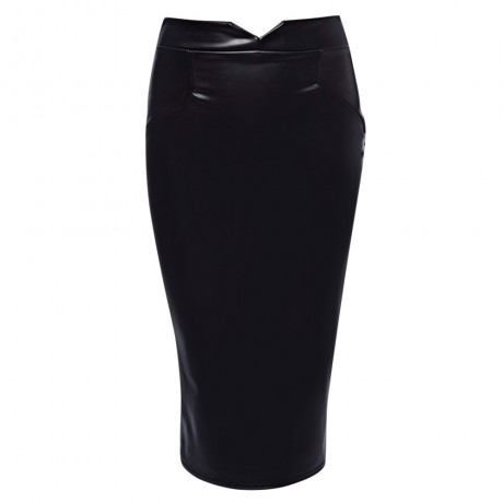 TRENDY MID WAIST PURE COLOR FAUX LEATHER SKINNY MIDI SKIRT FOR LADIES
