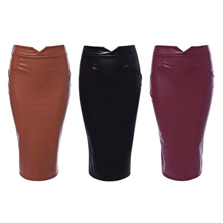 TRENDY MID WAIST PURE COLOR FAUX LEATHER SKINNY MIDI SKIRT FOR LADIES