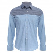 SLIM PATCHWORK BUTTON DESIGN MALE LONG SLEEVE CASUAL SHIRT