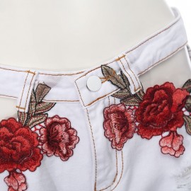 HIGH WAIST HOLLOW OUT EMBROIDERY RIPPED WOMEN SHORTS