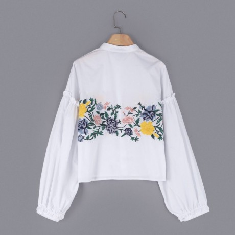 TRENDY LANTERN SLEEVE STAND COLLAR EMBROIDERY WOMEN SHIRT