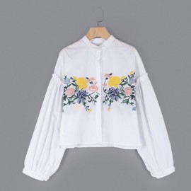TRENDY LANTERN SLEEVE STAND COLLAR EMBROIDERY WOMEN SHIRT