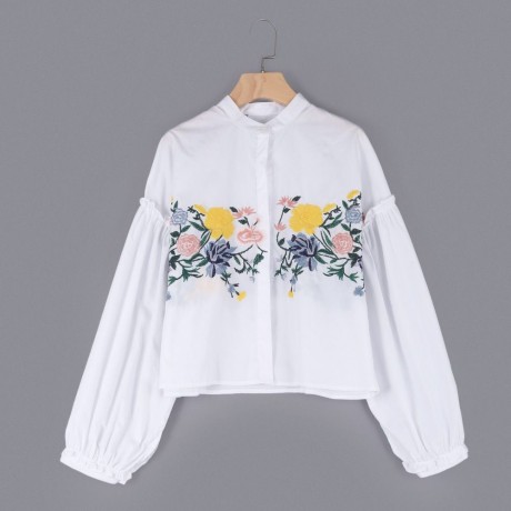 TRENDY LANTERN SLEEVE STAND COLLAR EMBROIDERY WOMEN SHIRT