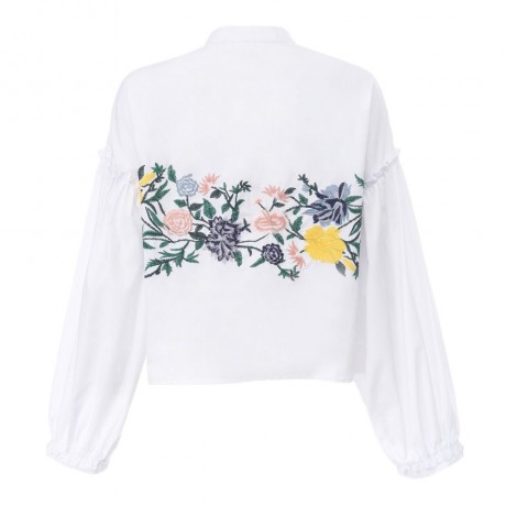 TRENDY LANTERN SLEEVE STAND COLLAR EMBROIDERY WOMEN SHIRT