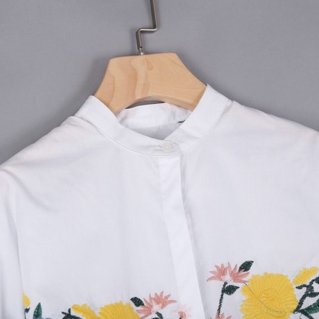 TRENDY LANTERN SLEEVE STAND COLLAR EMBROIDERY WOMEN SHIRT