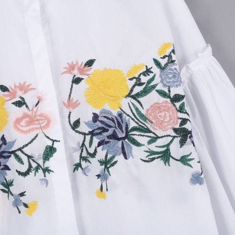 TRENDY LANTERN SLEEVE STAND COLLAR EMBROIDERY WOMEN SHIRT