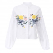 TRENDY LANTERN SLEEVE STAND COLLAR EMBROIDERY WOMEN SHIRT