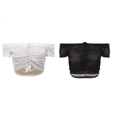 SEXY OFF THE SHOULDER TIE FRINGED RUCHED WOMEN CROP TOP