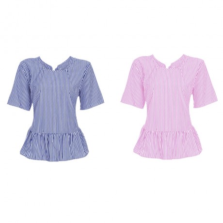 STYLISH ROUND COLLAR SHORT SLEEVE TIE RUFFLED WOMEN BLOUSE