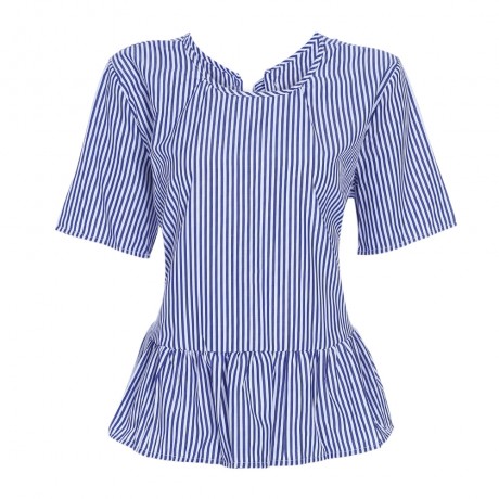 STYLISH ROUND COLLAR SHORT SLEEVE TIE RUFFLED WOMEN BLOUSE