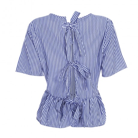 STYLISH ROUND COLLAR SHORT SLEEVE TIE RUFFLED WOMEN BLOUSE