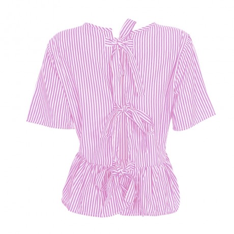 STYLISH ROUND COLLAR SHORT SLEEVE TIE RUFFLED WOMEN BLOUSE