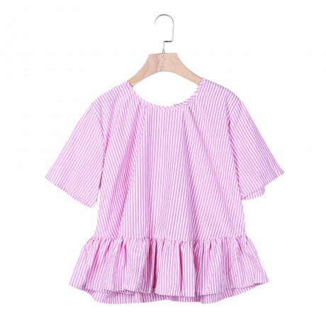 STYLISH ROUND COLLAR SHORT SLEEVE TIE RUFFLED WOMEN BLOUSE