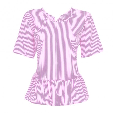 STYLISH ROUND COLLAR SHORT SLEEVE TIE RUFFLED WOMEN BLOUSE
