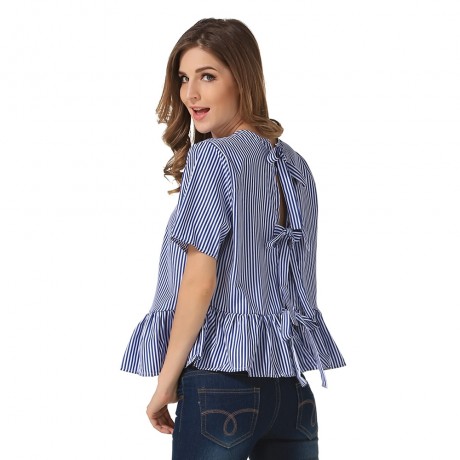 STYLISH ROUND COLLAR SHORT SLEEVE TIE RUFFLED WOMEN BLOUSE