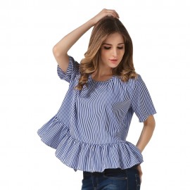 STYLISH ROUND COLLAR SHORT SLEEVE TIE RUFFLED WOMEN BLOUSE