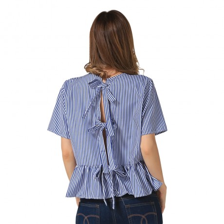 STYLISH ROUND COLLAR SHORT SLEEVE TIE RUFFLED WOMEN BLOUSE