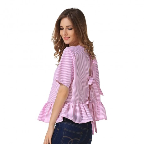 STYLISH ROUND COLLAR SHORT SLEEVE TIE RUFFLED WOMEN BLOUSE