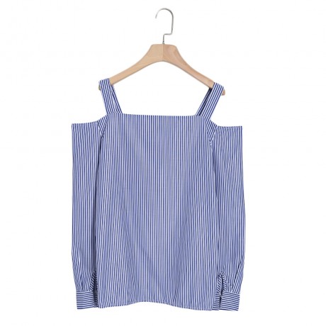 SPAGHETTI STRAP LONG SLEEVE VERTICAL STRIPE WOMEN BLOUSE