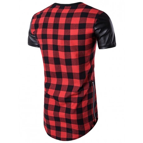 PU LEATHER PANEL SIDE ZIP UP PLAID LONGLINE T-SHIRT