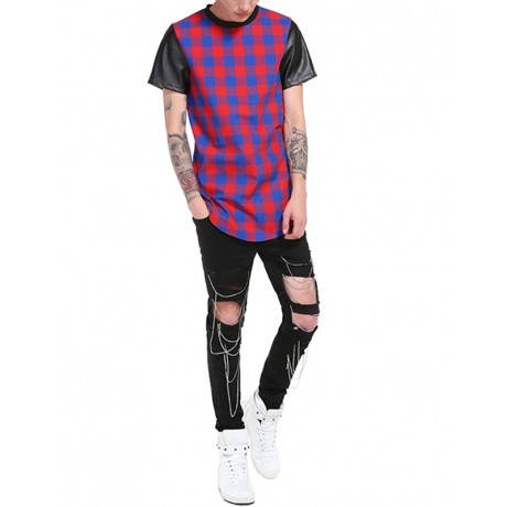 PU LEATHER PANEL SIDE ZIP UP PLAID LONGLINE T-SHIRT