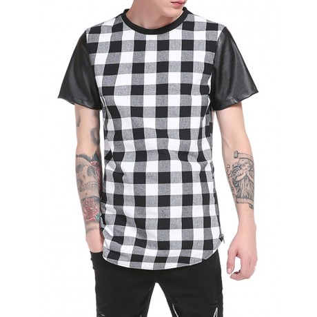 PU LEATHER PANEL SIDE ZIP UP PLAID LONGLINE T-SHIRT
