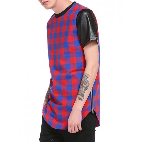 PU LEATHER PANEL SIDE ZIP UP PLAID LONGLINE T-SHIRT