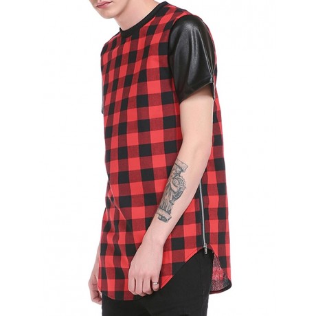 PU LEATHER PANEL SIDE ZIP UP PLAID LONGLINE T-SHIRT