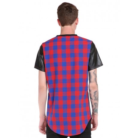 PU LEATHER PANEL SIDE ZIP UP PLAID LONGLINE T-SHIRT