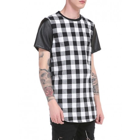 PU LEATHER PANEL SIDE ZIP UP PLAID LONGLINE T-SHIRT