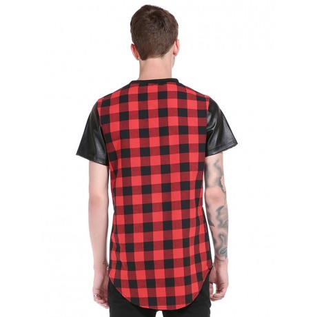 PU LEATHER PANEL SIDE ZIP UP PLAID LONGLINE T-SHIRT