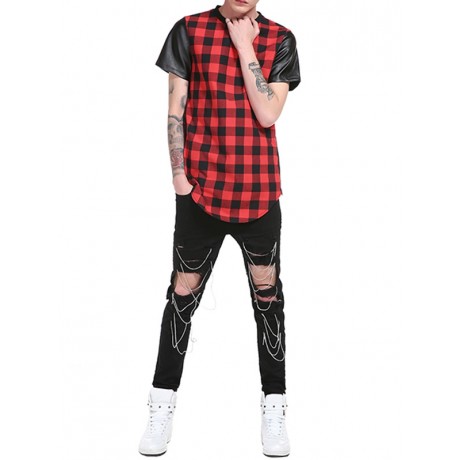 PU LEATHER PANEL SIDE ZIP UP PLAID LONGLINE T-SHIRT