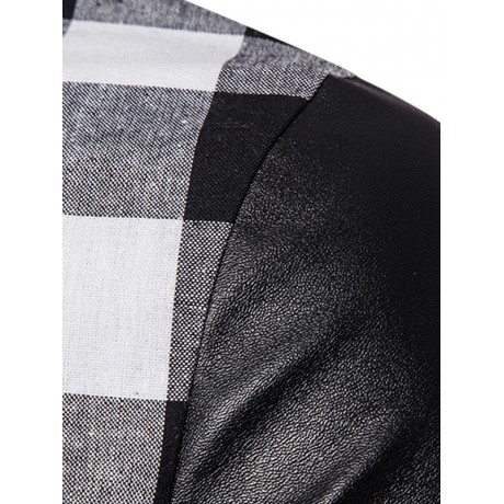 PU LEATHER PANEL SIDE ZIP UP PLAID LONGLINE T-SHIRT